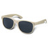 A pair of natural-coloured sunglasses with dark lenses and a logo on the frame.