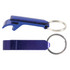 A drink bottle opener keyring in a shiny blue colour with a split ring attachment. Features a sleek design and branding.