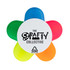 A flower-shaped highlighter with green, blue, pink, and orange petals. It features a central round section with a logo.