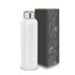 A drink bottle in matte white with a stainless steel cap, accompanied by a decorative black box featuring designs.
