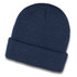 A navy blue waffle beanie with a folded cuff, featuring a woven texture. It has a branding logo.