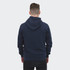 A unisex hoodie in navy blue, featuring a hood and a plain design. It has branding on the garment.