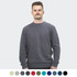 A grey unisex sweatshirt is worn by a man with short hair and a moustache. It features a logo on the front.