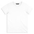 A plain white men's T-shirt with a round neckline and short sleeves. It has a logo on the label.