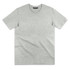 A grey T-shirt with short sleeves and a round neckline, featuring a logo on the label.