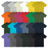 A display of various T-shirts in multiple colours, including grey, yellow, green, red, and blue, arranged in a grid.