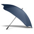 A navy blue sport umbrella with a curved design and black handle, featuring a logo on the shaft.