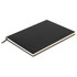 A large black soft cover notebook with a ribbon bookmark and cream pages, featuring a subtle branding logo.