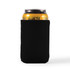 A black stubby cooler holding a can, featuring a simple design and a snug fit.
