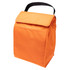 An orange lunch bag with a flap closure and a black handle, featuring a logo.