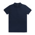 A navy blue men's polo shirt featuring a classic collar and buttons, with a logo on the chest.