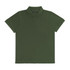 A plain olive green women's polo shirt featuring a three-button placket and a collar. It has a logo on one side.