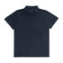 A navy blue women's polo shirt with a collar and three buttons, featuring a logo on the chest.