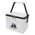 A white cooler bag with a black handle, featuring a logo with trees and a sun design.