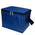A blue cooler bag with a zip closure and a front pocket, featuring a sturdy handle for easy carrying.