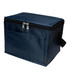 A navy cooler bag featuring a zip closure, side handle, and front pocket. The bag has a simple design and a logo.