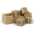 A bamboo desk calendar featuring wooden cubes displaying numbers and month abbreviations, with a rectangular holder.