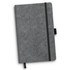A grey RPET felt hard cover notebook with a black elastic band and a ribbon bookmark. It features a logo on the cover.