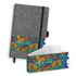 A grey felt hard cover notebook with an illustrated colourful design and an attached elastic band.