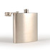 A stainless steel hip flask with a shiny finish and a screw-top lid, featuring a small logo.