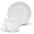 A white chai cup and saucer with a smooth finish and a simple design, featuring a branding logo on the saucer.