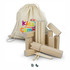 A set of wooden Kubb game pieces in a natural colour, accompanied by a drawstring bag featuring a logo.