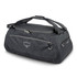 A dark grey duffle bag with a logo and dual handles, featuring a front zippered pocket.