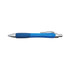 A blue pen with a silver clip and a textured grip for comfortable writing.