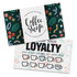 A full-colour loyalty card featuring a coffee shop design with vibrant patterns and a detail for a hot drink promotion.