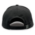 A black cap with an adjustable strap at the back and a logo on the side.