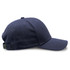 A navy cap with a curved brim and adjustable strap at the back, featuring a logo on the front.