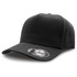 A black snapback cap with a structured design and a curved peak, featuring a logo on the side.