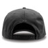A black snapback cap displaying a smooth fabric texture and adjustable strap at the back. Features a logo.