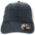 A vintage snap back cap featuring a navy blue fabric with a light tan mesh back and a logo on the front.