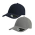 A navy and a grey cap with a curved visor, featuring a logo on the front of each.