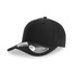A black cap with a curved visor and a logo, designed for headwear.