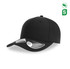 A black cap with a curved visor and a logo, made from recycled polyester.
