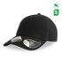 A black organic cotton cap with a mid visor and a logo. It features a classic design suitable for casual wear.