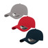 A collection of three caps in grey, red, and navy blue, each with a curved visor and a logo.