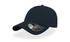 A navy blue cap with a curved visor and a tag featuring a logo on the side.