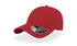A red cap with a curved visor, featuring a logo on the side.