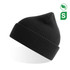 A black organic cotton beanie with a ribbed texture and a pointed top, featuring a logo.