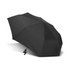A black umbrella with a compact design and a curved handle, featuring a logo on its canopy.