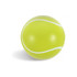 A bright yellow tennis ball with white stripes, featuring a smooth, matte finish and a rounded shape.