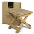 A bamboo folding wine table in a natural finish, alongside its packaging. Features a logo on the table.