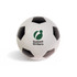 A soccer ball with a classic black and white pattern and a logo featuring a circular design.