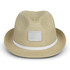 A beige fedora hat with a textured finish and a white band, featuring a blank patch for branding.