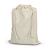 A cream-coloured drawstring bag made of fabric, featuring two tied cords at the top.