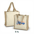 Two natural canvas tote bags with tan handles, one larger and one smaller, featuring a logo on the side.