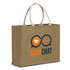 A jute tote bag in brown with cream handles and a logo featuring orange and blue graphics.